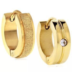 New Sutton Gold-Tone Stainless Steel Matte Glitter And Stone Huggie Earrings